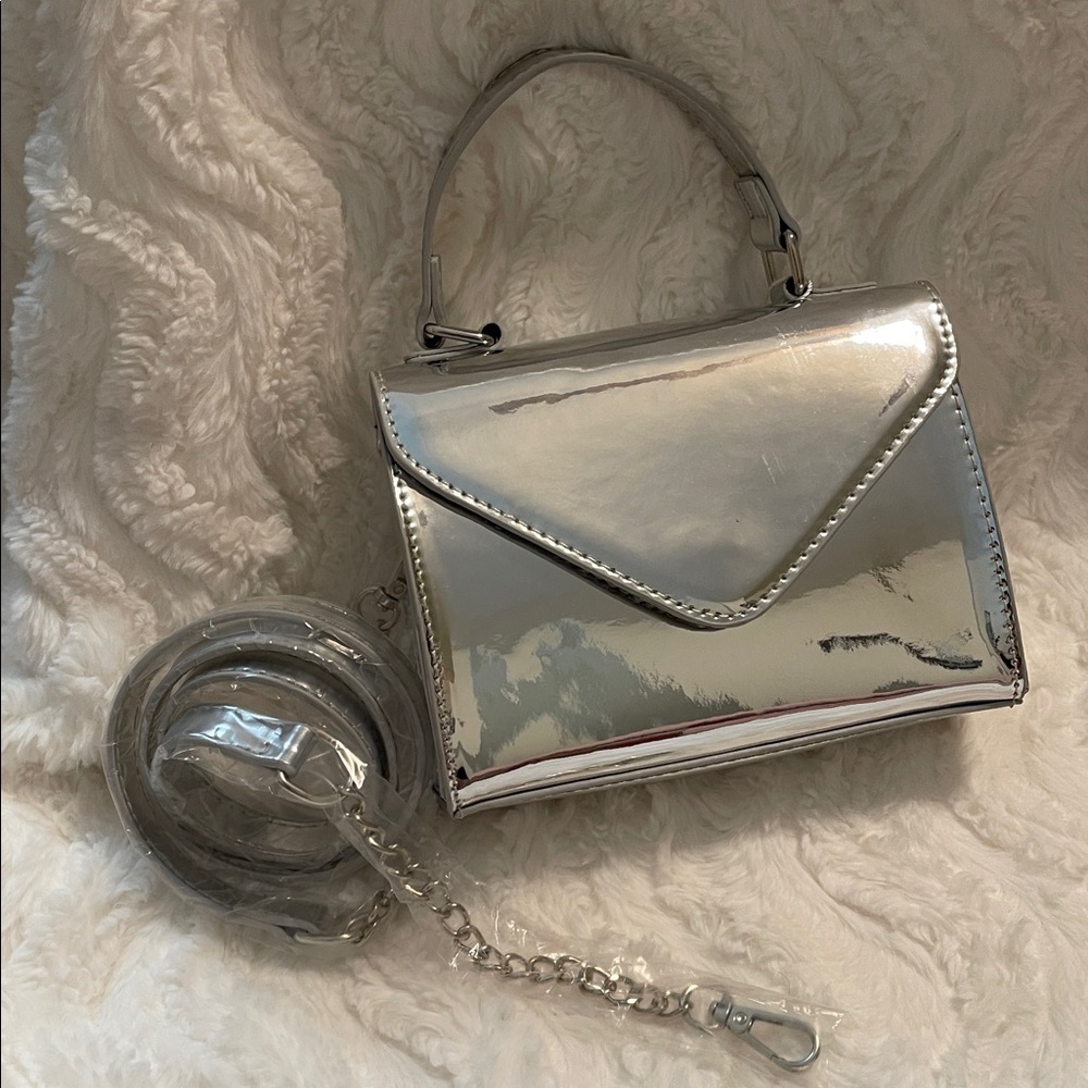 Shiny Metallic Silver Top-Handle Crossbody Bag - Picture 2 of 16